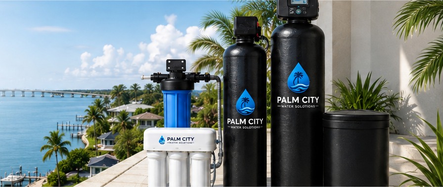 Whole-home water treatment equipment overlooking a coastal Florida neighborhood