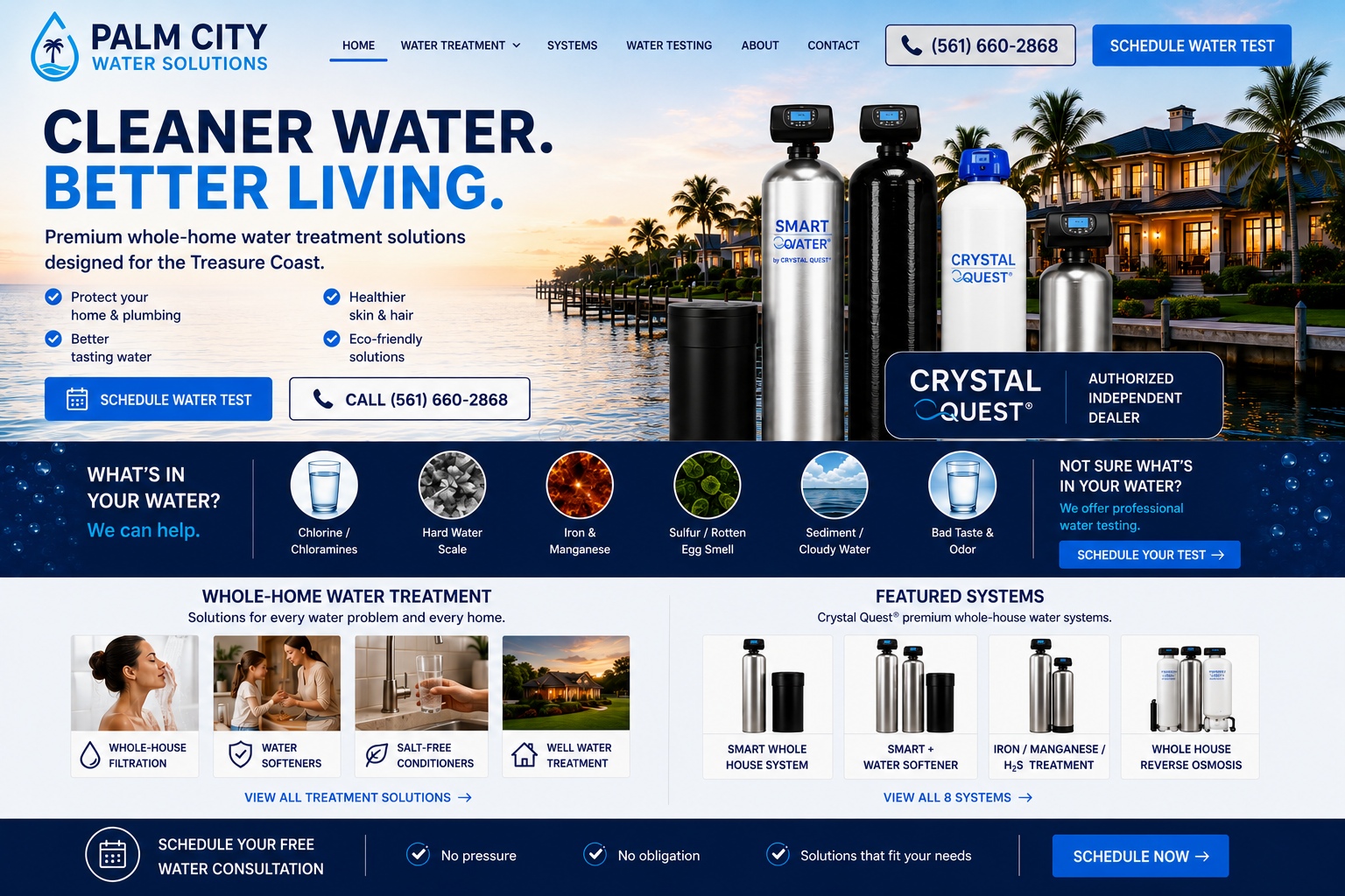 Palm City Water Solutions homepage showing whole-home water treatment systems